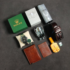 Coffret VIP Homme 7 Pièces : Montre ROLEX + (Boîte & Ajusteur), Ceinture, Portefeuilles Cuire , Porte-Cartes Cuire, Déodorant FREEDOM & Parfums TROPHY
